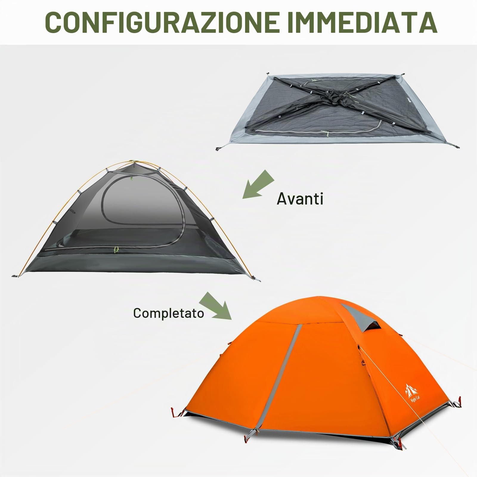 Night Cat tenda da 2 persone per escursionismo: tenda da campeggio impermeabile e leggera per due persone, per escursionismo in montagna all'aperto con pali in alluminio e telo antipioggia verde