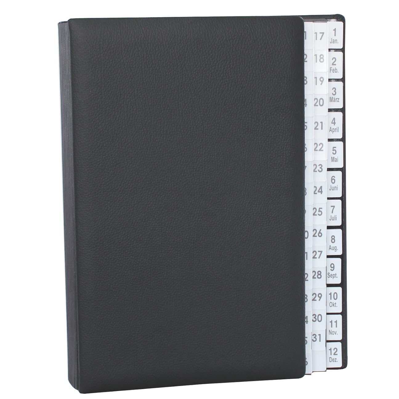 Raccoglitore con registro 1-31 plus 1-12 (gen-dic) in pelle bovina grana nera, adatto per DIN A4, copertina morbida con dorso elastico