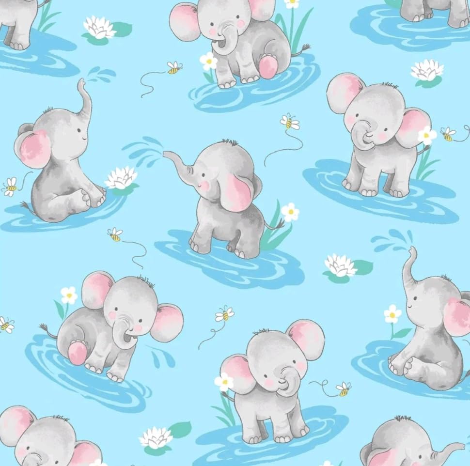 Little Darlings Baby Elephants Blue Water Frolic Cotton Fabric by The Yard
