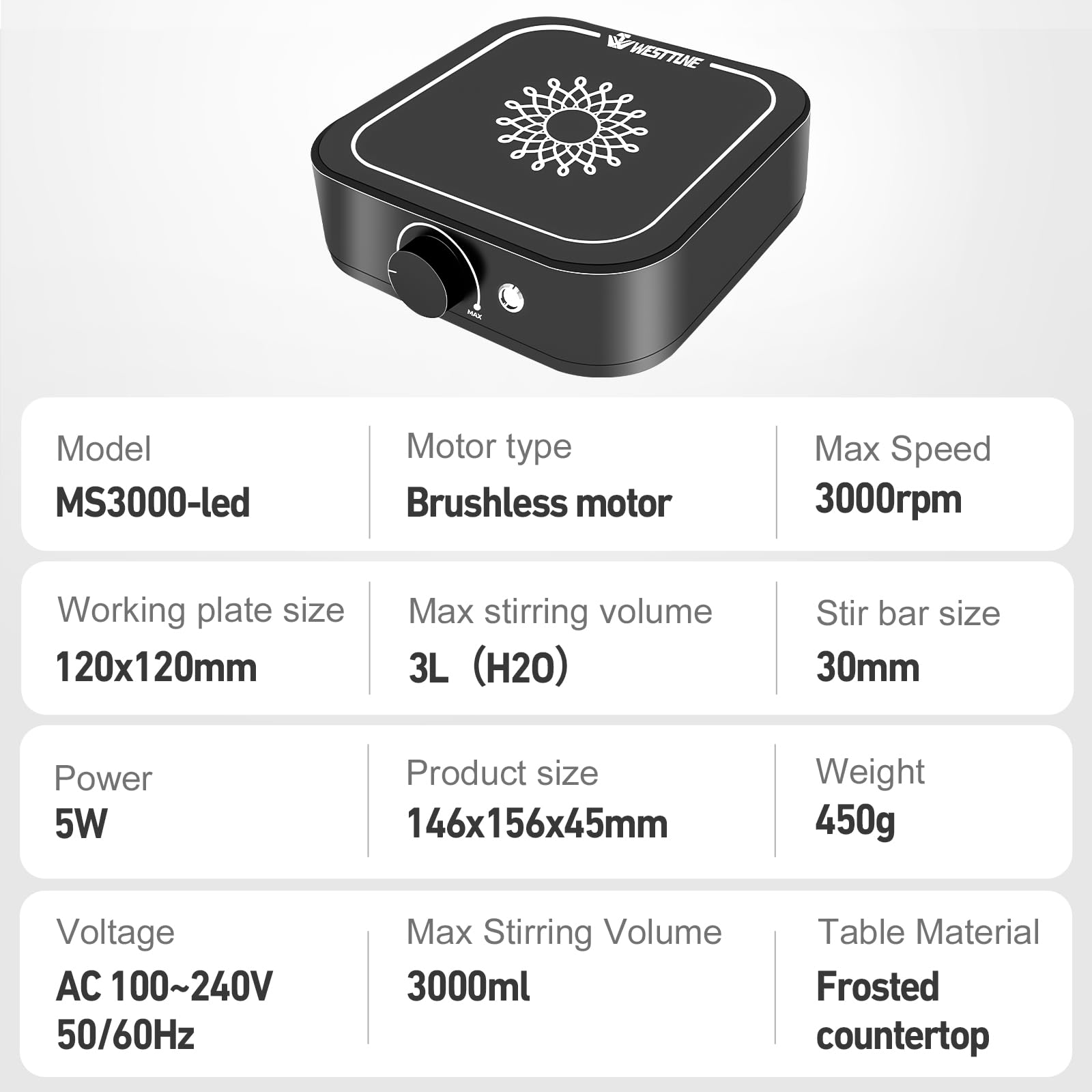 Agitador magnético de 3000 rpm con luz LED, placa de agitación magnética con juego de 2 barras de agitación, mini agitador magnético, capacidad máxima de agitación de 3000 ml para