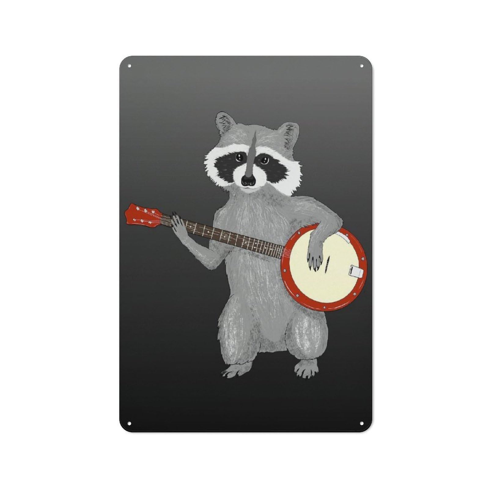 Junmoney Racoon Playing The Banjo Tin Wall Plaque 30X20cm With For Workshop Wall, Suited To Workshop Decor Fans, For Retro Home Interiors