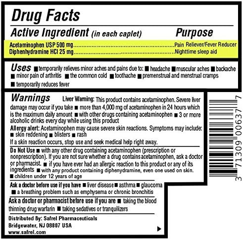 Safrel Extra Strength Pain Reliever PM and Sleep Aid (375 Tablets) | Acetaminophen 500 mg & Diphenhydramine HCl 25 mg | Fast Acting Relief for Headaches, Minor Aches | Non-Habit Forming | Value Pack