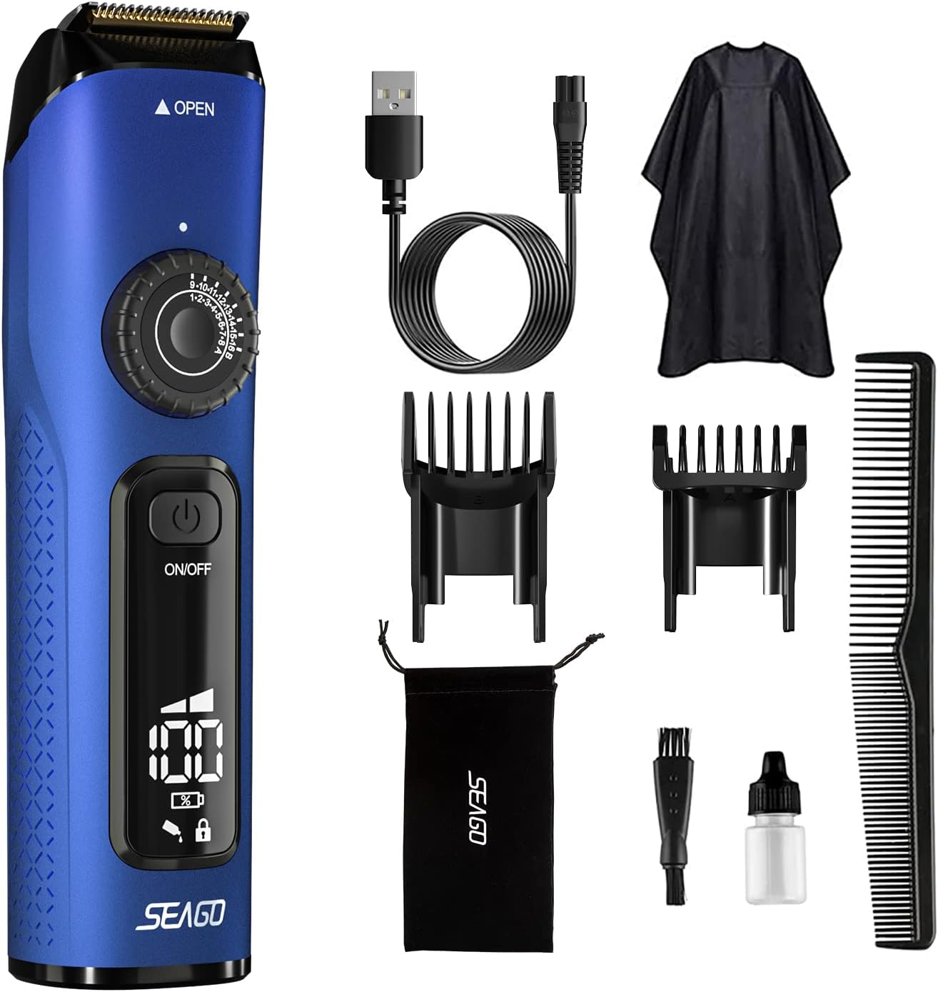 SEAGO Cordless Hair Clippers for Men, Rechargeable Electric Trimmer for Men with 16 Adjustable Settings, Professional Clippers for Hair Cutting Kit, SG-011