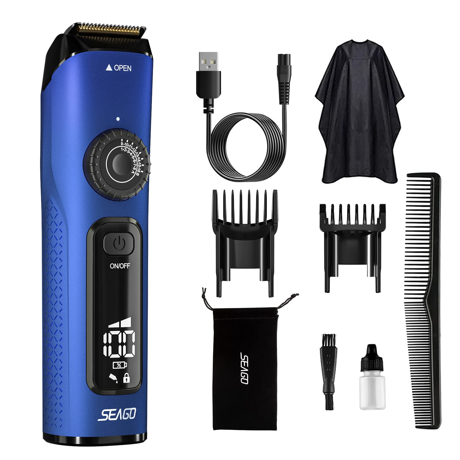 SEAGO Cordless Hair Clippers for Men, Rechargeable Electric Trimmer for Men with 16 Adjustable Settings, Professional Clippers for Hair Cutting Kit, SG-011