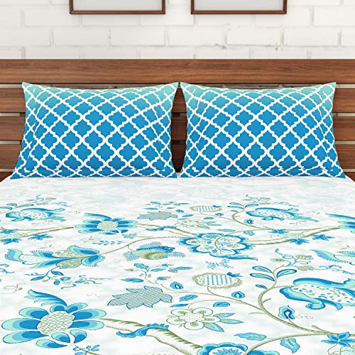 Image of Spaces Atrium 100% Cotton King Size Fitted Double Bedsheet with 2 Pillow Covers Soft Feel Skin Safe Breathable Fabric (Floral, 183 cm x 198 cm + 30 cm) - Blue
