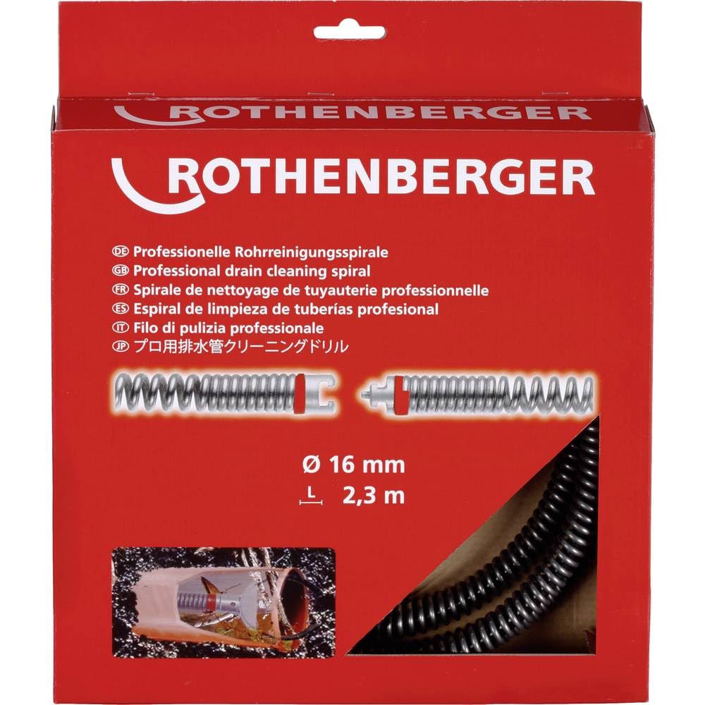 ROTHENBERGER Rohrreinigungsspiralen SMK, Kunststoffseele, 16mm Spiraldurchmesser, 2.3m Arbeitsbereich Länge | 72433 | Spirale für Reinigung von Abwasserrohren, Koffermaschine