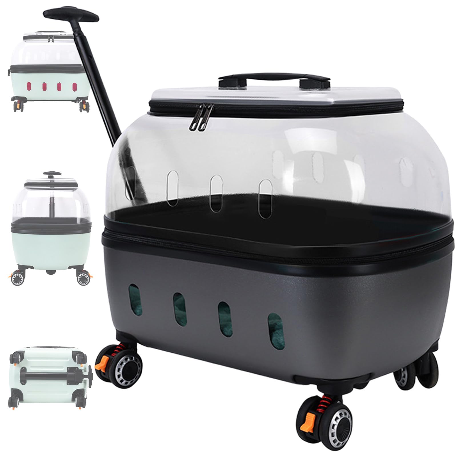 Transportín para gatos con ruedas, carcasa rígida transparente y transpirable, funda de transporte para mascotas con ventana transparente para un viaje seguro