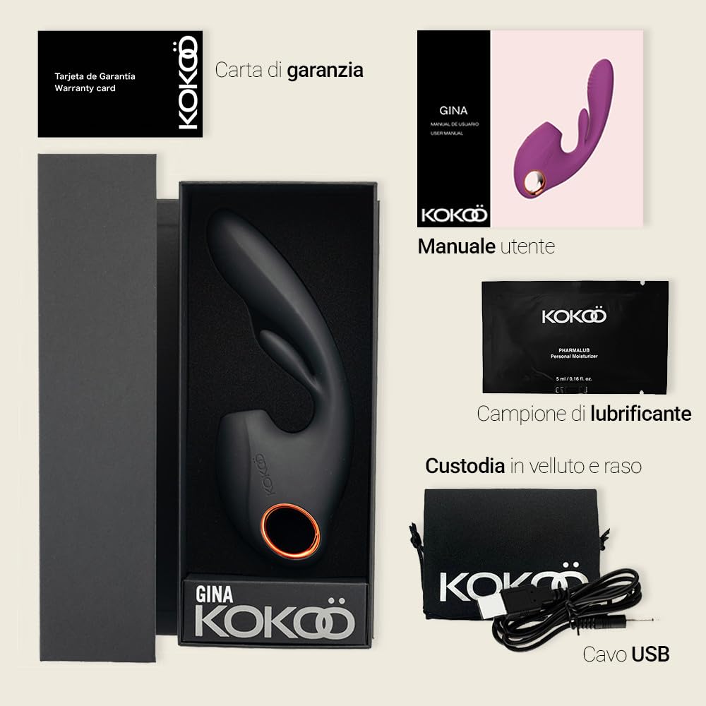 Kokoö Triplo Vibratore con Stimolazione del Clitoride e del Punto G Gina | 5 Modalità di Potenza, 10 Modelli di Vibrazione | Silicone morbido, ricaricabile tramite USB | Resistente all'acqua (Nero)