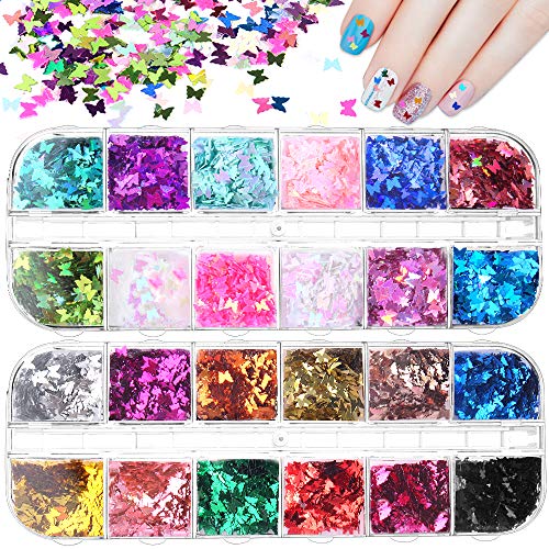 Mukum 24 Colors Butterfly Nail Glitter Butterfly Nail Sequins Flakes Nail Art Decorations 3D Holographic Sparkle Butterfly Sticker for Lipgloss Nail Art Decoration DIY Crafting Resi Art