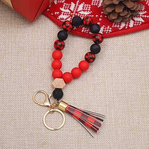 Image of BAOSIWA Silicone Key Ring Bracelet Wristlet Keychain Unique Beaded Bangle Key Chains for Women with Leather Tassel
