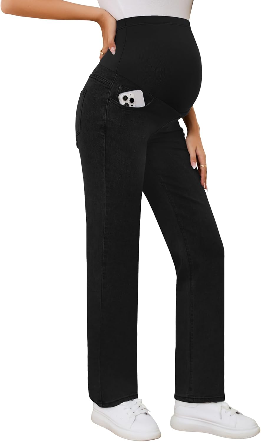 POSHGLAM Women's Maternity Jeans Straight Leg 30'' Over Belly Comfy Stretch Denim Pants, S-XXL