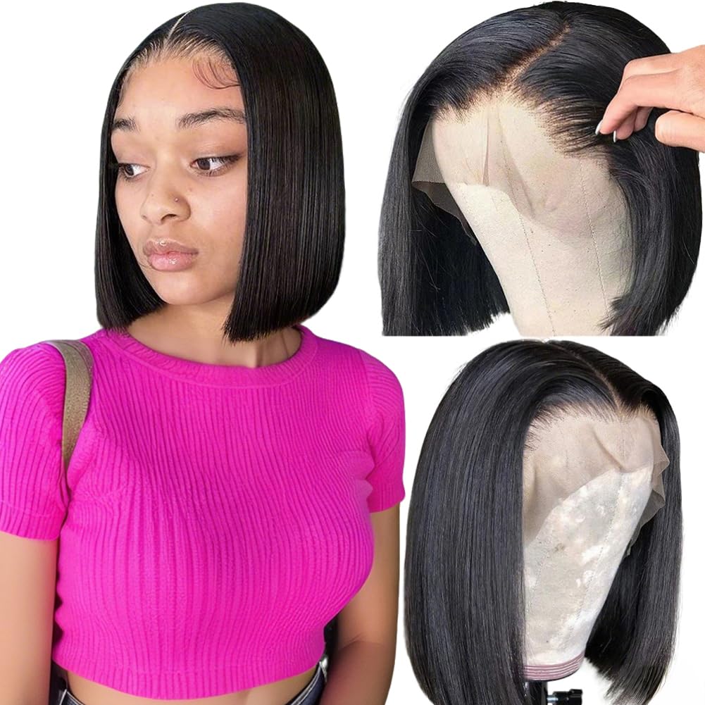 SKYDO Bob Wig Human Hair 13x4 Bob Lace Front Wigs Human Hair Pre Plucked Hairline 180 Density Short Bob Wigs for Women Natural Color 12inch