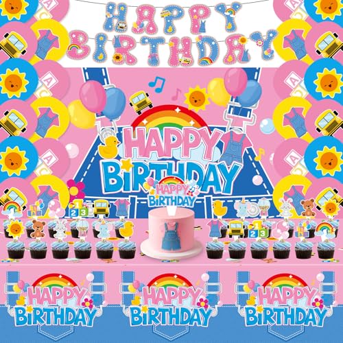54Pcs Girls Birthday Party Decorations Cartoon Teacher Happy Birthday Banner Backdrop English Teacher Cupcake Toppers Balloons Tablecloth Decorations for Girls Cartoon Baby Shower Party Supplies