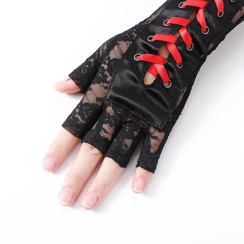 Specell Long Lace Fingerless Gloves Women Fingerless Gloves For Bridal Wedding Prom Party Costume Accessories: A-b- Black and Red - Fingerless Gloves