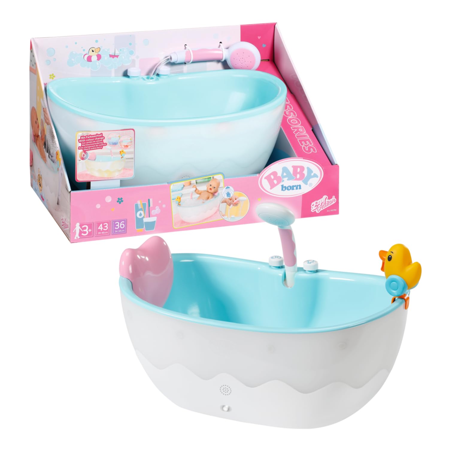 Baby Born Badewanne mit Farbwechsel - Dusch-& Soundfunktion - Hochwertiges Zubehör für Puppen der Größe 36 & 43 cm - Funktioniert auch mit echtem Wasser