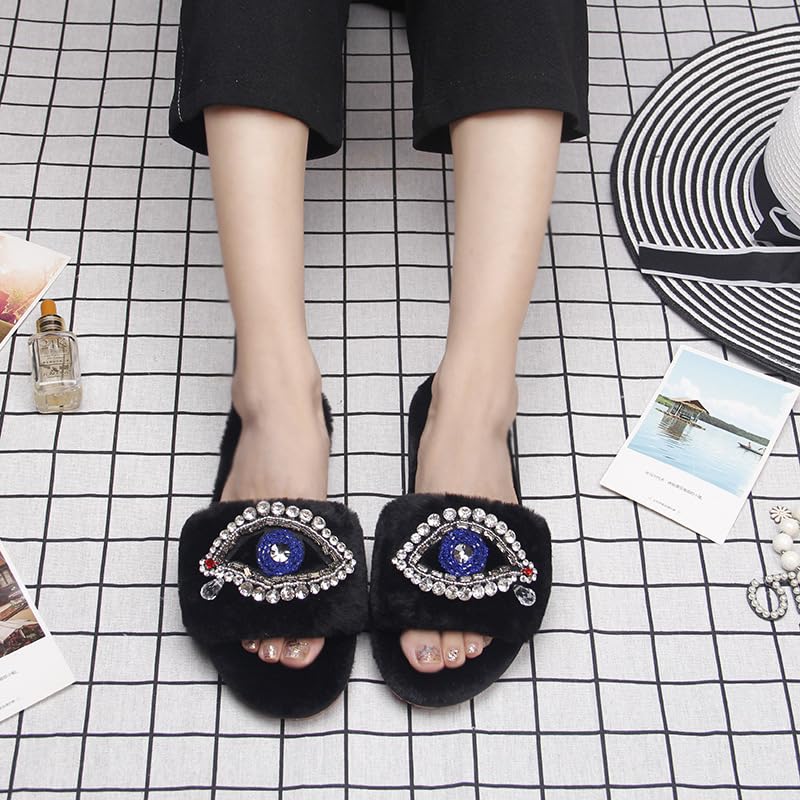 Evil Eye Slippers Women Plush Flat Slippers Tears on Slides Fashion Fuzzy Plush Slides Flip Flop Indoor Bedroom Shoes2