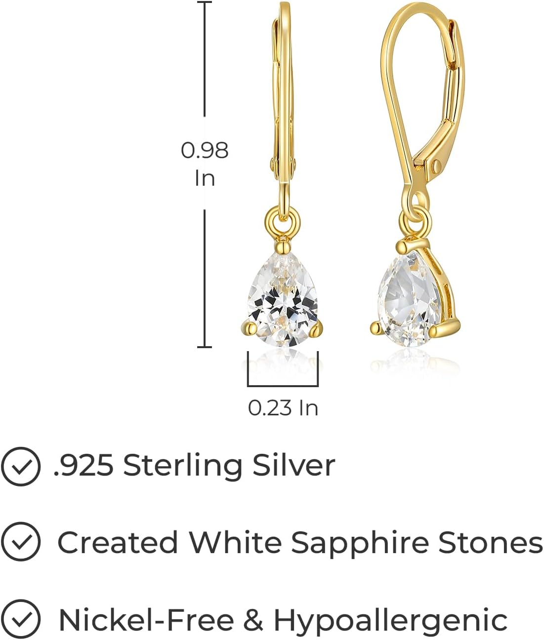 MORGAN & PAIGE .925 Sterling Silver 14K Yellow Gold Plated Pear Cut Genuine or Lab Created Birthstone Dangle Earrings for Women - Hypoallergenic Leverback Earrings for Women, Jewelry Gifts for Her