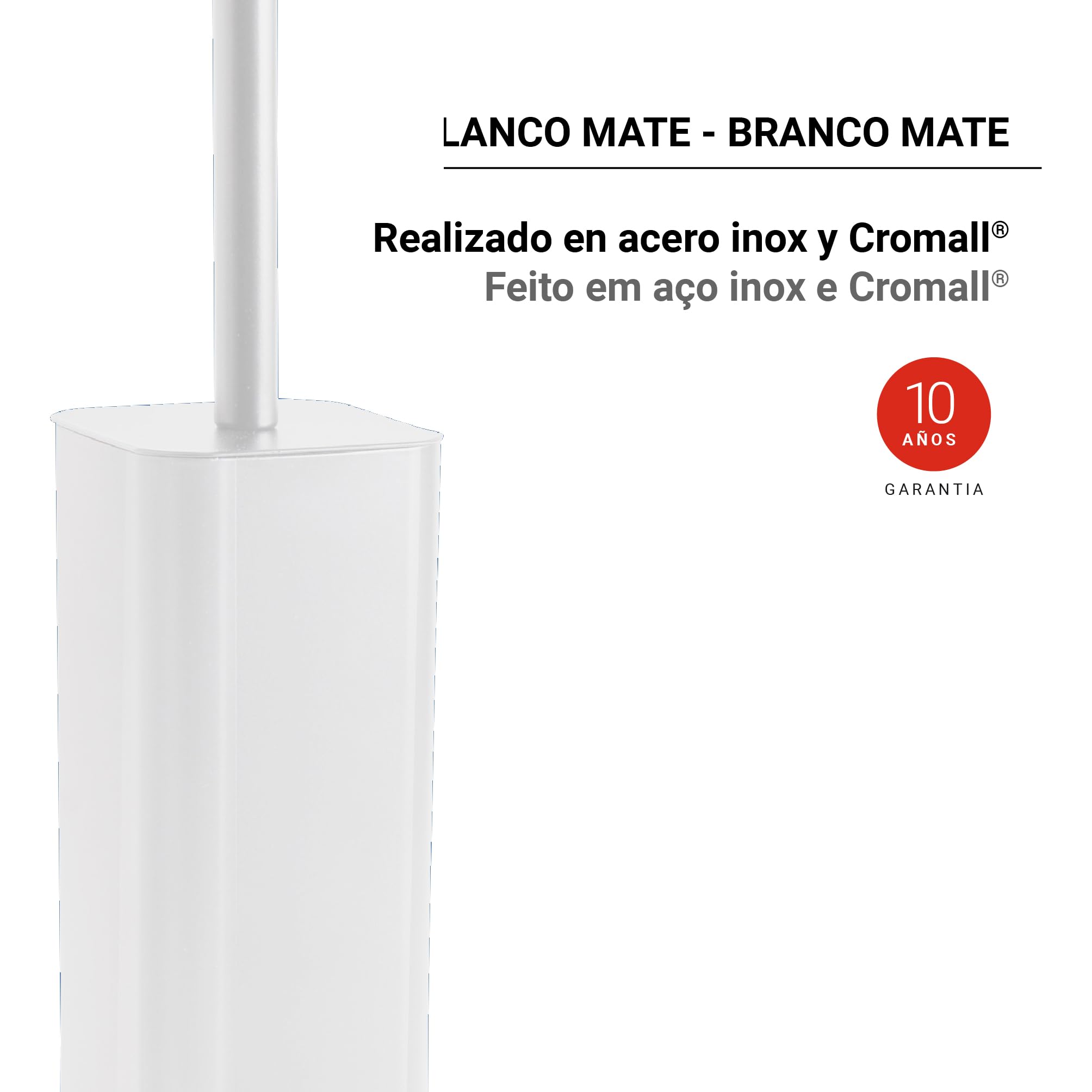 Gedy Tonga Escobillero Baño Suelo 8,3x8,3x38cm Acero INOX y Cromall Cerdas Nylon Blanco Mate, Escobilla WC Moderna