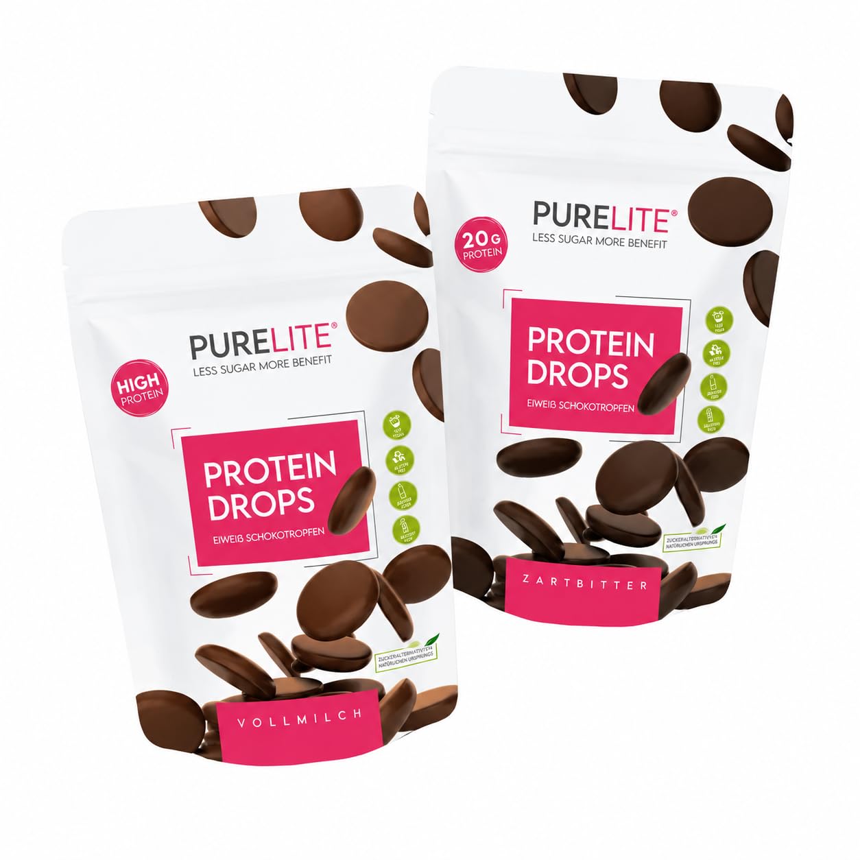PURELITE Protein Drops Mix Bundle – Zartbitter & Vollmilch Schokodrops High Protein, ohne Zuckerzusatz, mit Erythrit & Stevia, vegan & vegetarisch, zum Backen, Snacken & Schmelzen, 2 x 450 g