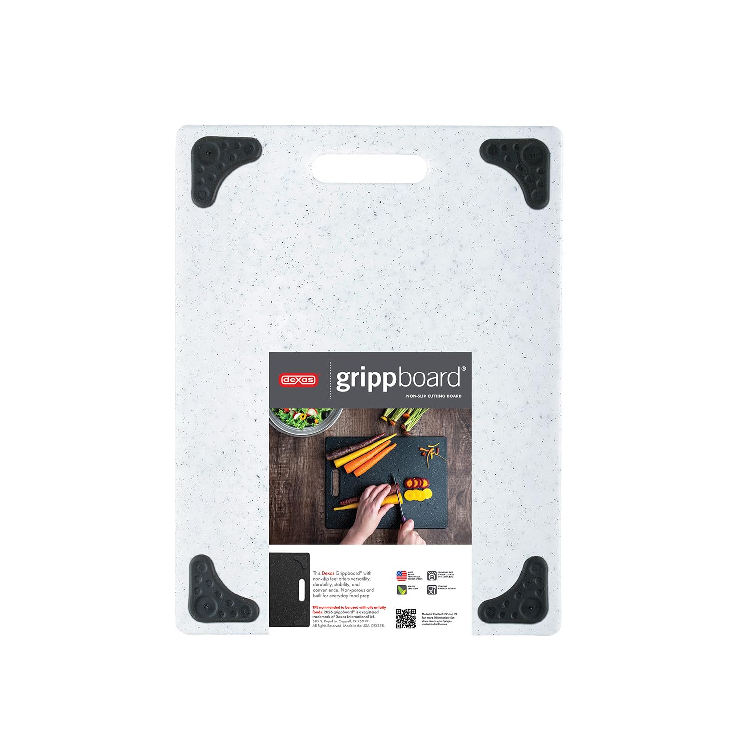 Dexas Superboard - Tabla de cortar con mango y patas antideslizantes, 28 x 36,8 cm, color granito claro con esquinas negras antideslizantes