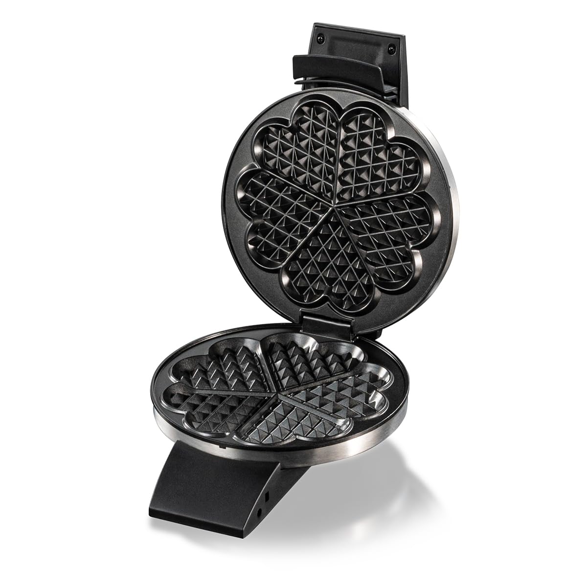Cloer 1639SR Waffeleisen, Herzwaffel 15,5 cm Ø, doppelte Antihaftbeschichtung, zuckerresistent, 930 W, Backampel, praktische Standfunktion, hochwertiges Edelstahlgehäuse, Edelstahl