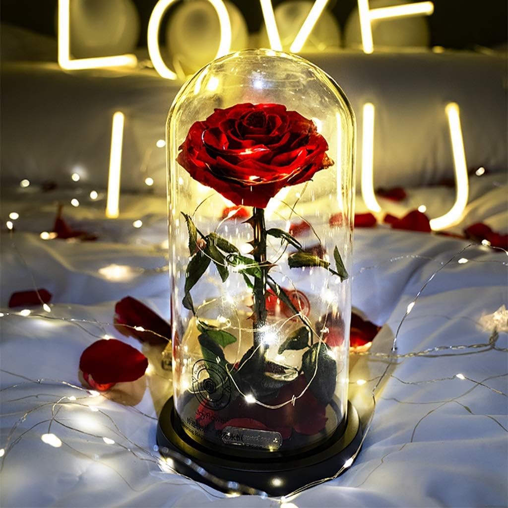 L Preserved Flower Gift Box Glass Cover Eternal Rose Red Handmade on Wooden Base Birthday for Girlfriend and Lover and Night Light String