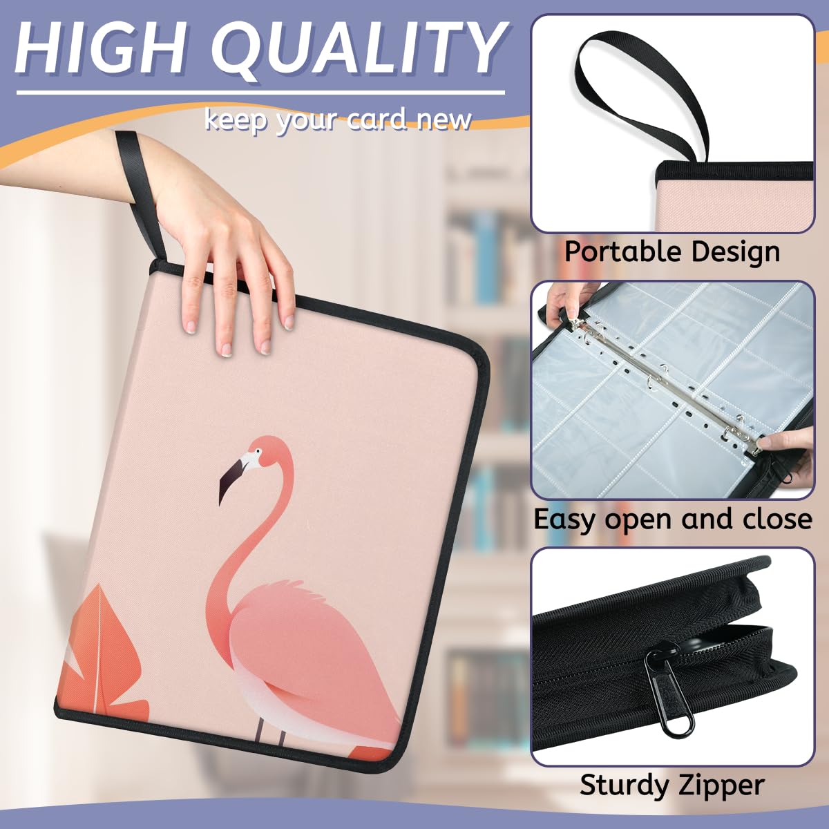 Raccoglitore per carte con 9 tasche, 900 tasche, con chiusura a cerniera (fenicottero rosa)