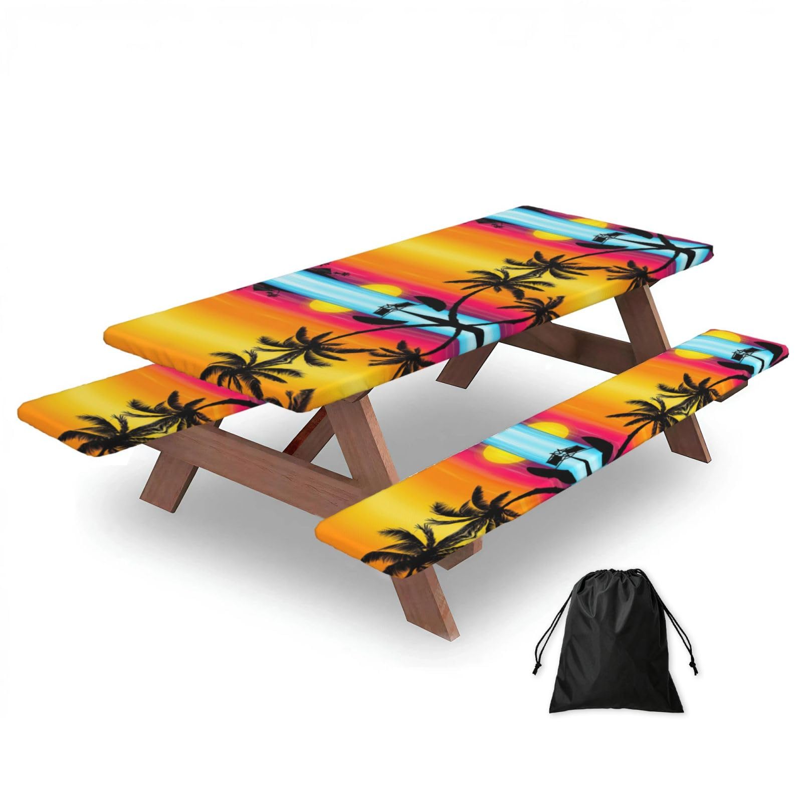 Zyjhyy Black Sunset Palm Tree Print 3 Pack Wipeable Picnic Bench Cover And Table Cover Lightweight Table Cloth For Camping Outdoor