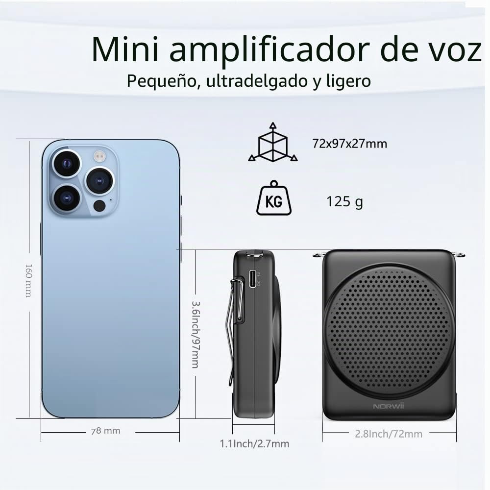 Norwii S368 Super-Mini Amplificador de Voz portátil con micrófono de Diadema y Cintura, Diseño Ligero y Compacto, micrófono Personal para Profesores, guías turísticos, amplificadores de Potencia PA