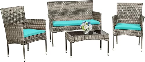 Miniatura 9 de Juego de 4 muebles modulares para exteriores, juego de muebles de mimbre resistentes al agua con 3 sillas de ratán, 1 cojín de mesa con tapa de