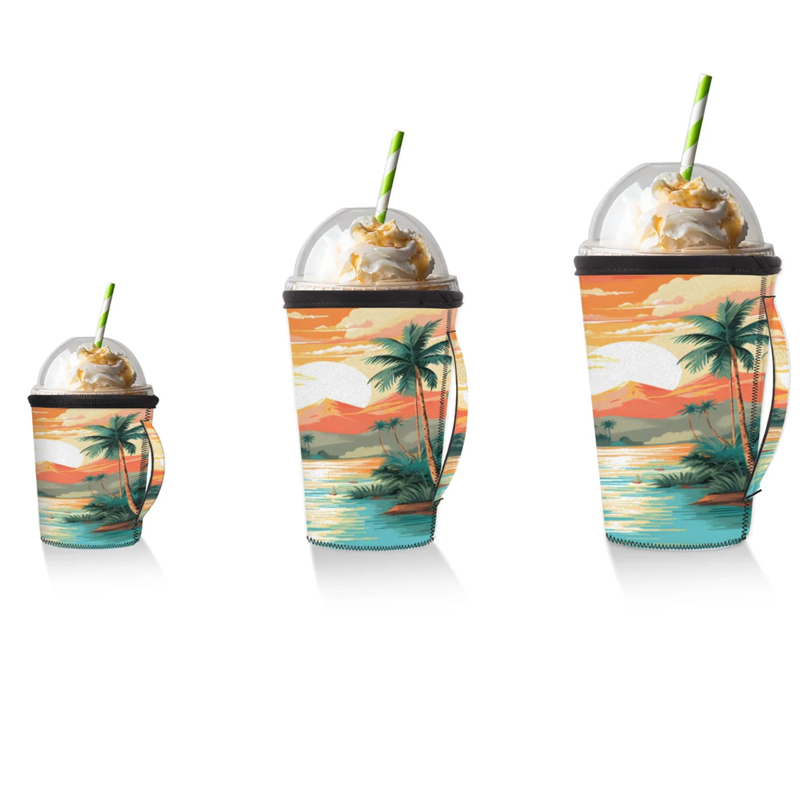 Hand Painted Coconut Island Sunset Boat Reusable Neoprene Coffee Sleeve with Handle Insulated Iced Coffee Cup Holder Reduces Condensation Fits 24-28 oz Cups M