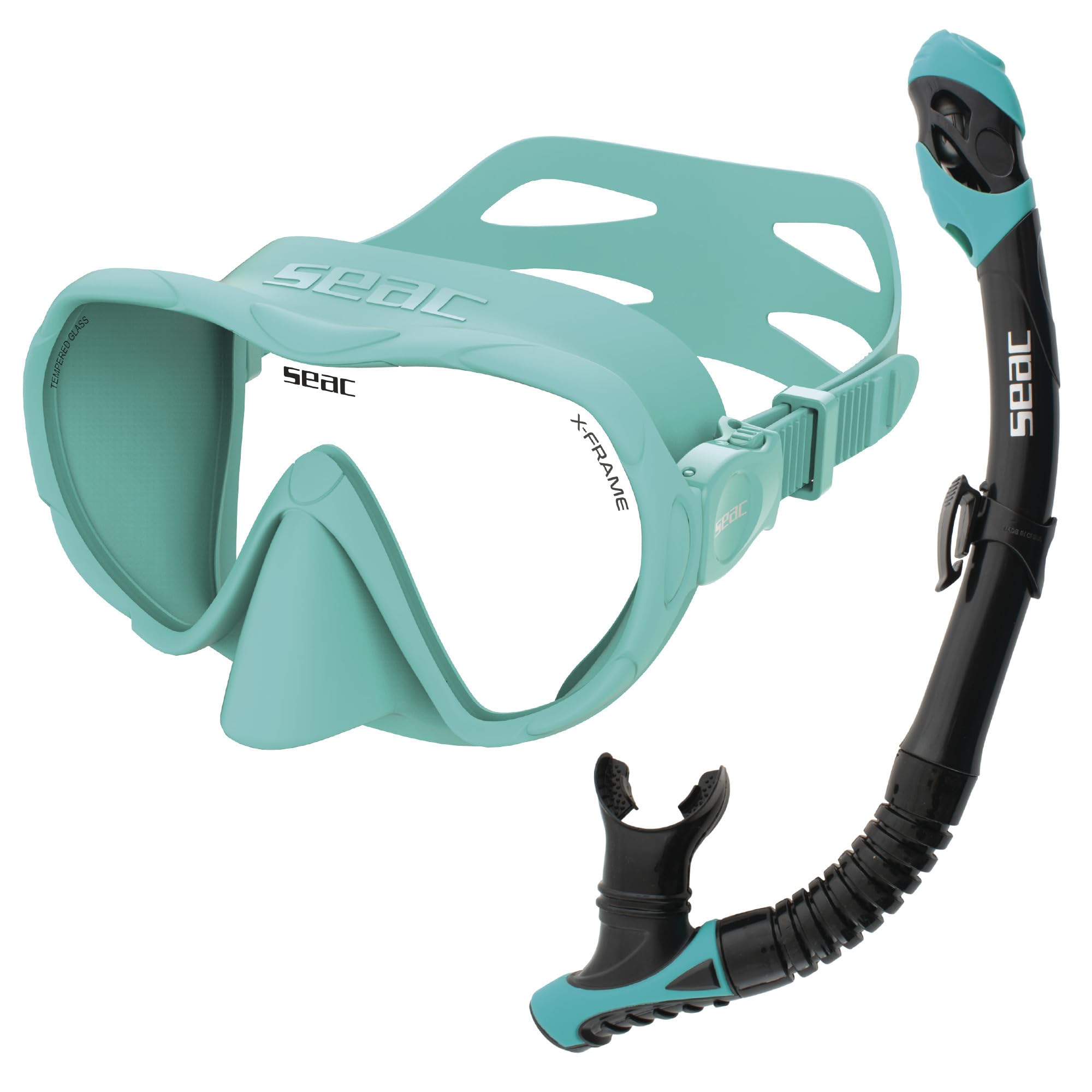 SEAC Set Bis X-Frame Dry – Set Snorkeling Adulto con Maschera Frameless Monolente in Vetro Temperato e Snorkel Dry Top | Silicone, Valvola di Spurgo e Boccaglio Ergonomico per Immersioni e Snorkeling