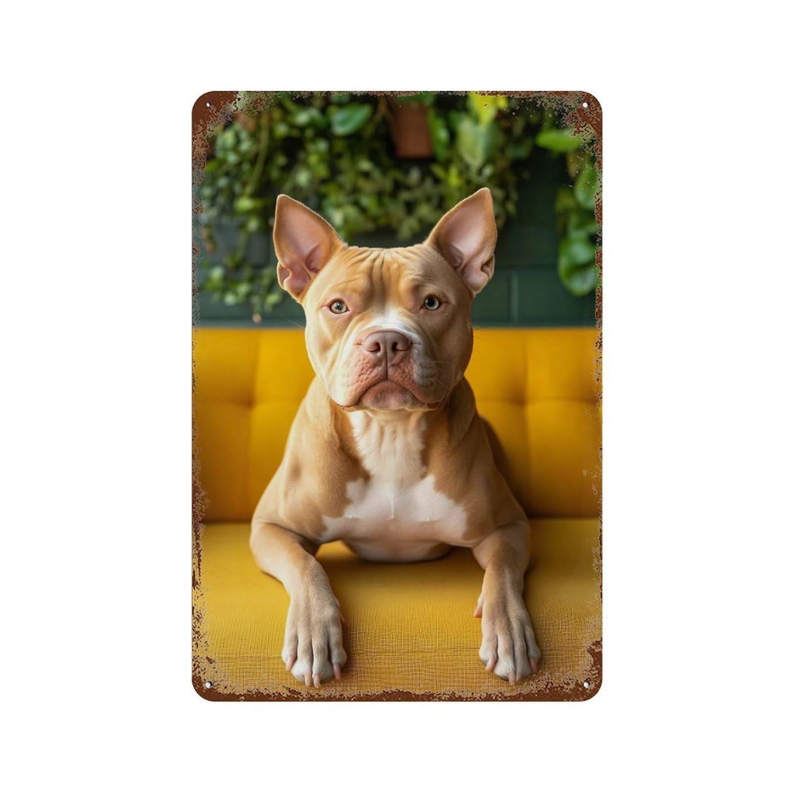 Pitbull Dog Portrait on Yellow Couch Decorative Tin Sign 11.8"x7.9", Shabby Chic Decor for Garage, Pub Or Kitchen