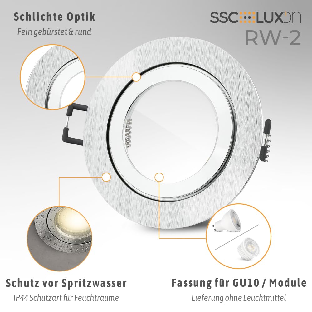 SSC-LUXon 6 Stück RW-2 Einbaustrahler Rahmen IP44 für GU10 oder Modul - Bad Einbauleuchte gebürstet (Lieferung ohne Leuchtmittel) | Sechs Bad-Deckenspots rund gebürstet spritzwassergeschützt IP44 - GU10 Fassung, auch für LED-Module (ohne Leuchtmittel)