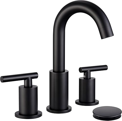 Bathroom Faucet Black with Pop Up Drain and Supply Hose, 8 Inch 2 Handles 3 Hole Widespread Bathroom Faucet, ChiLDano Black Matte Bathroom Faucet Bathroom Faucet Black with Pop Up Drain and Supply Hose, 8 Inch 2 Handles 3 Hole Widespread Bathroom Faucet, ChiLDano Black Matte Bathroom Faucet