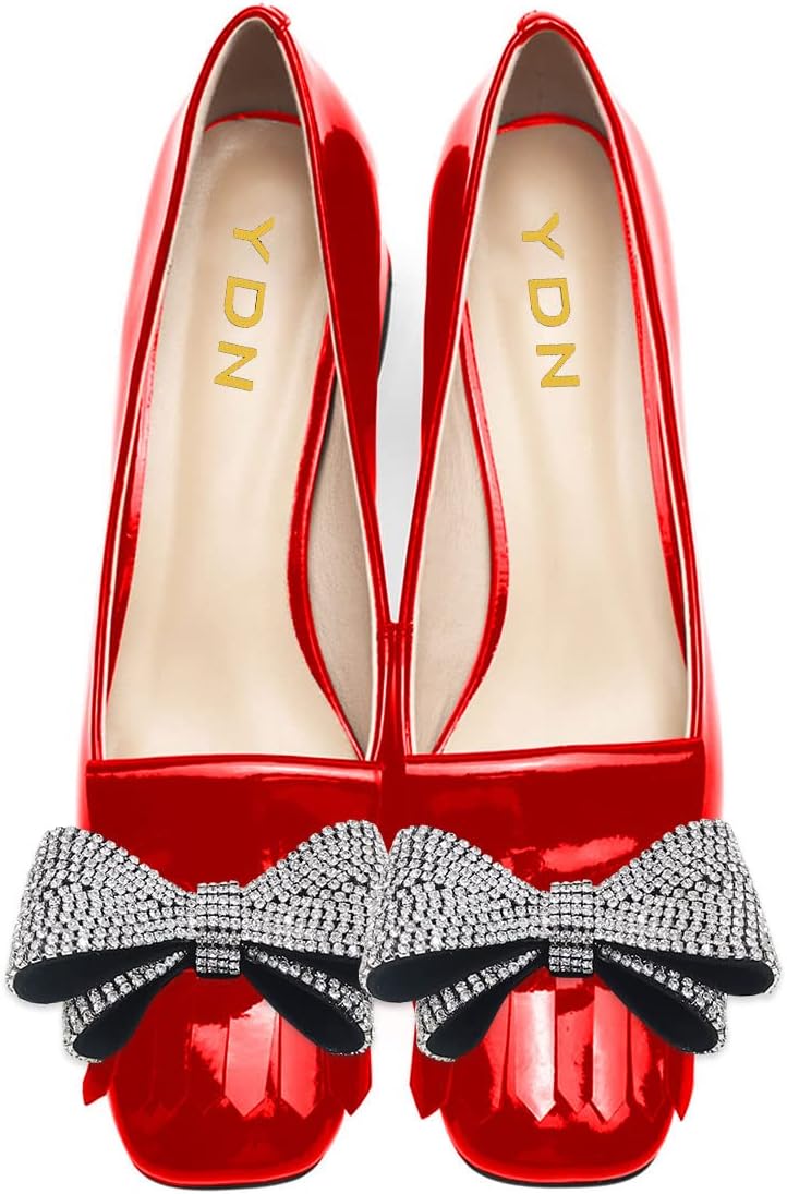 YDN Womens Squared Toe Tassel Pumps Rhinestone Bow Chunky Low Heel Slip On Comfy Dressy Date Office Shoe Size 4-15 US