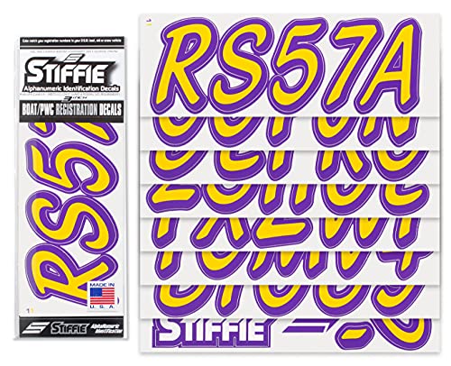 Image of STIFFIE Whipline Solid Yellow /Purple 3 inch Alpha-Numeric Registration Identification Numbers Stickers Decals for Boats & Personal Watercraft