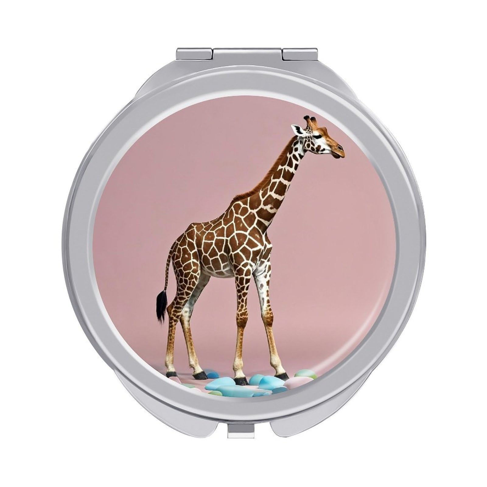 FekiLoot Cherry Giraffe Travel Makeup Mirror for Women Folding Portable Hand Compact Mirrors Small Round Vanity Mirror 1X/2X Magnifying Metal Pocket Makeup Mirrors