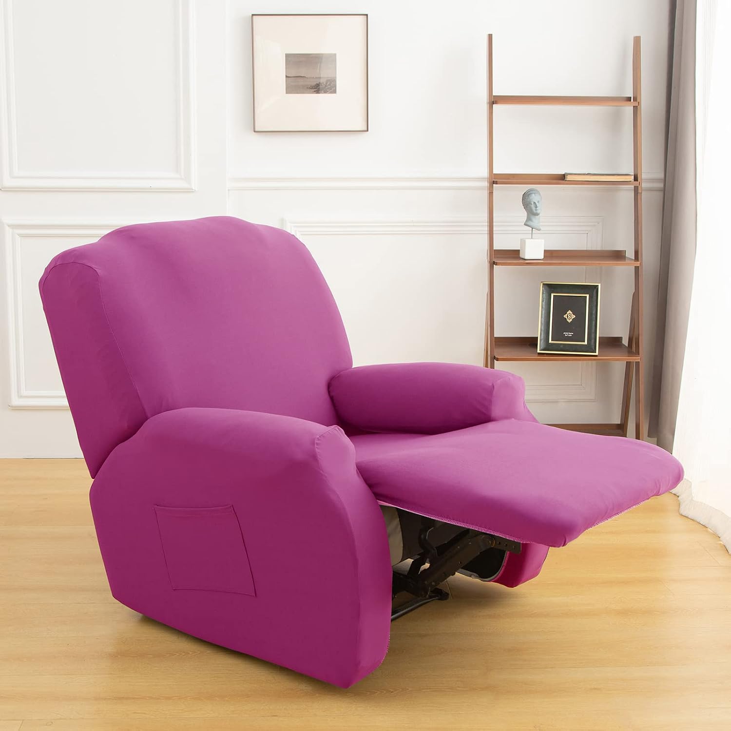 Stretch Recliner Chair Cover,4-Pieces Sofa Cover Slipcover Couch Covers,Armchair Cover Non-Slip Furniture Protector,Elastic Spandex Soft Recliner Chair Protector with Side Pocket(1 Seater Hot Pink) - Image 4
