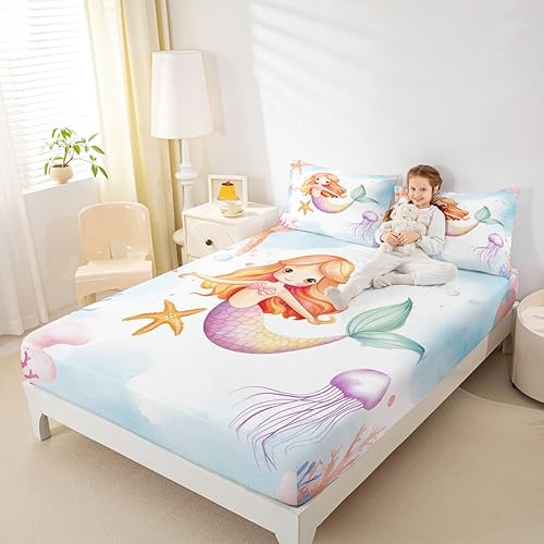 Miniatura 2 de Erosebridal Sábanas de sirena Kawaii para niñas, sábana bajera ajustable de princesa kawaii, tamaño individual, diseño de medusa de estrellas de
