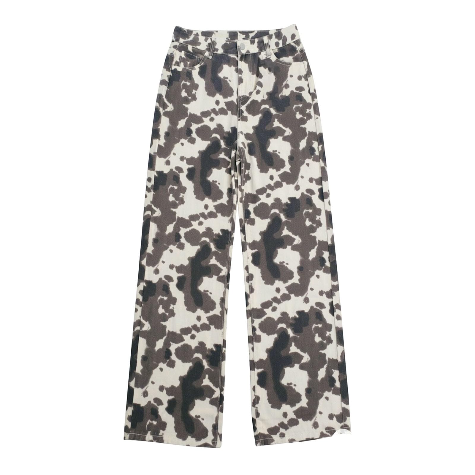 Pantalon Fluide Femme été, Pantalons De Sport Femme,Jean Délavé pour À Motif Bovin Décontracté Coupe Droite Confortable en Denim Casual