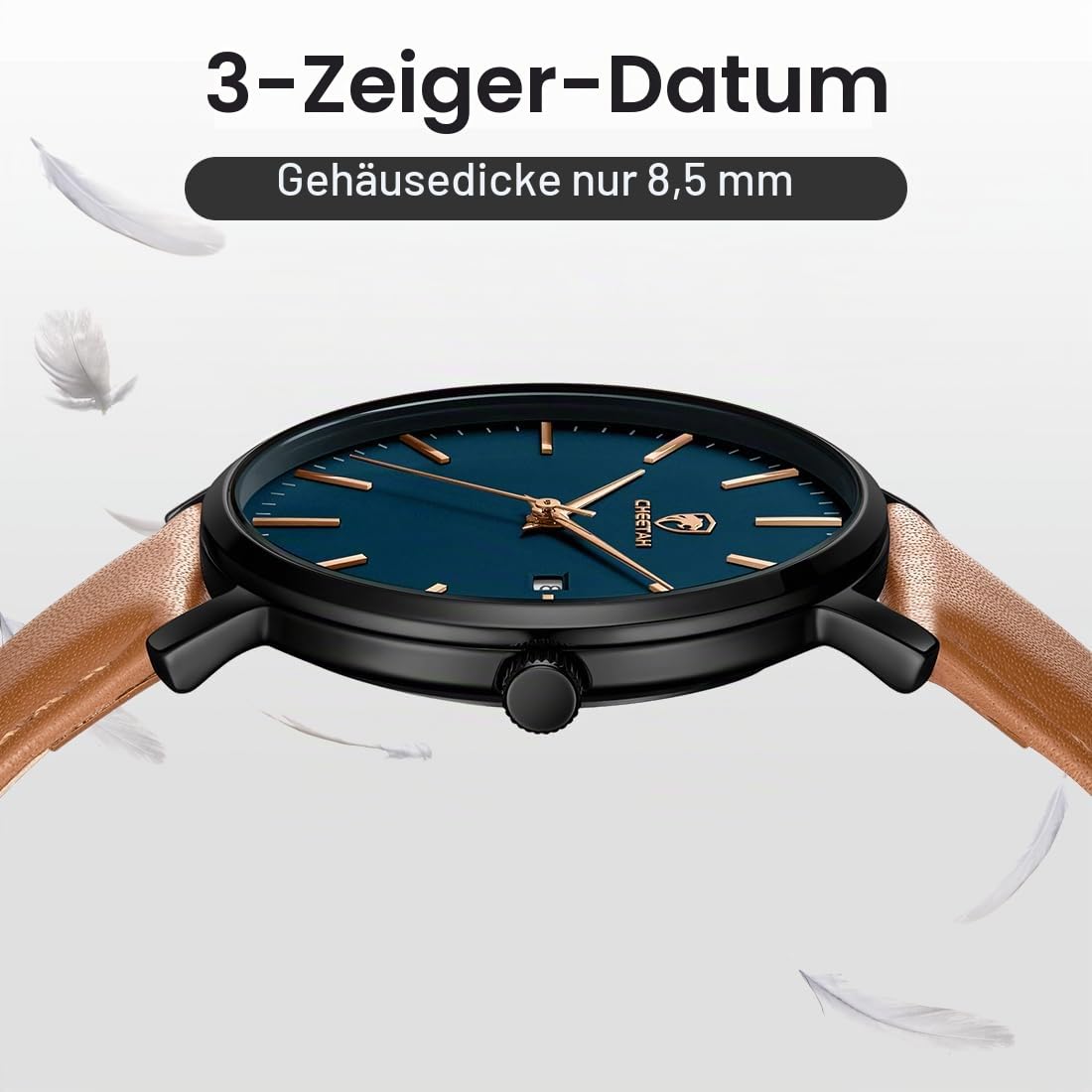 CHEETAH Minimalistische Uhren Herren, Analog Quarz 3 ATM wasserdichte Armbanduhr Herren mit Lederarmband, Datum Mode Sport Uhr für Jugendliche