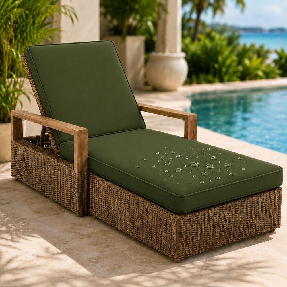 AZMAHT Sun Lounger Cushion Replacement Cushions Only, Waterproof 2 Section Lounger Cushion with Removable Cover, Anti-Slip Pad with 6 Straps for Garden Sunbed,Army Green,188x58x6cm