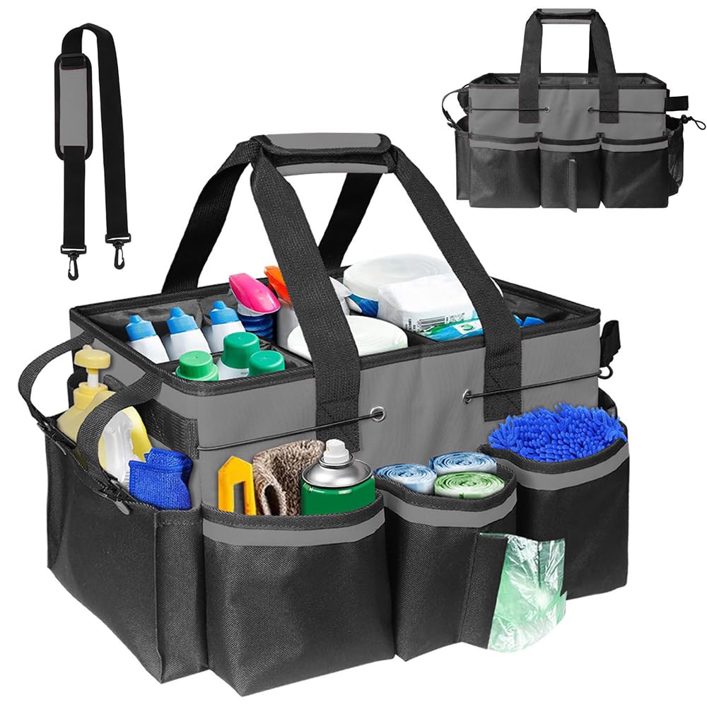 Jonuin Cleaning Caddy with Handle, Professional Cleaning Bag with Detachable Divide, Adjustable Shoulder Strap & Waist Belt, Large Cleaning Caddy for Cleaning Supplies, Home, Car, Garden, Craft (Grey)