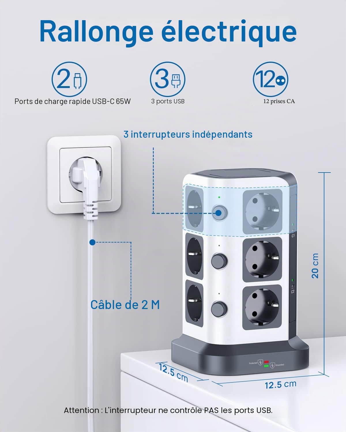 KOOSLA Bloc Multiprise 65W PD, 12 Prises, 2M, Gris Foncé