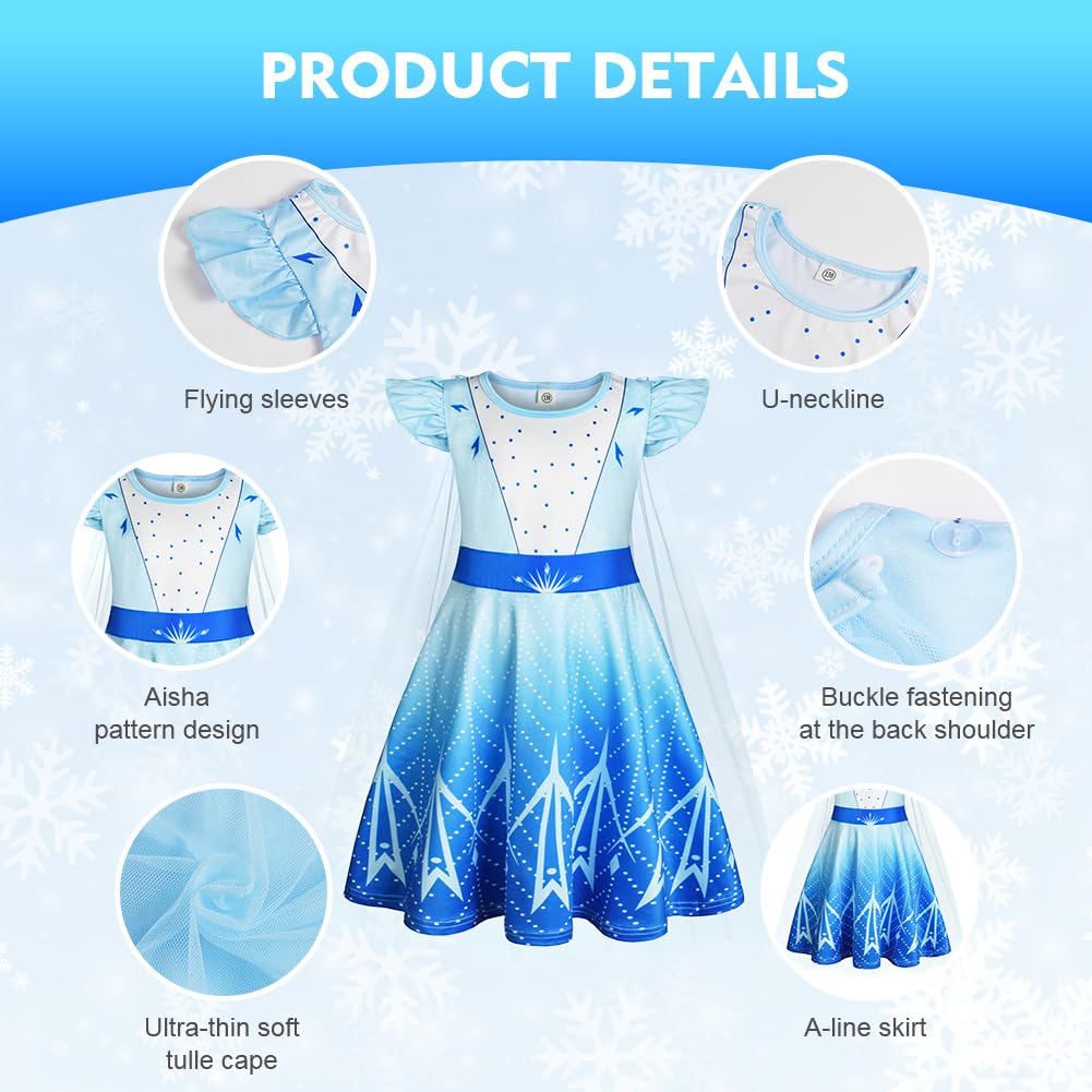 AOOWU Elsa kostium dziewczynki, Elsa dziecięca sukienka księżniczki, sukienka Elsa, zestaw z koroną, kostium księżniczki, sukienka z ruffle Sleeve na przebieranie się na karnawał, Halloween, Boże