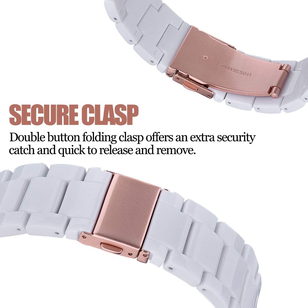 V MORO Resin Strap Compatible with Apple Watch Band 41mm 40mm 38mm iWatch Series 7 6 5 4 3 2 1 SE with Stainless Steel Buckle Replacement Wristband Women Girl Men(White tone, 38mm 40mm 41mm) Image