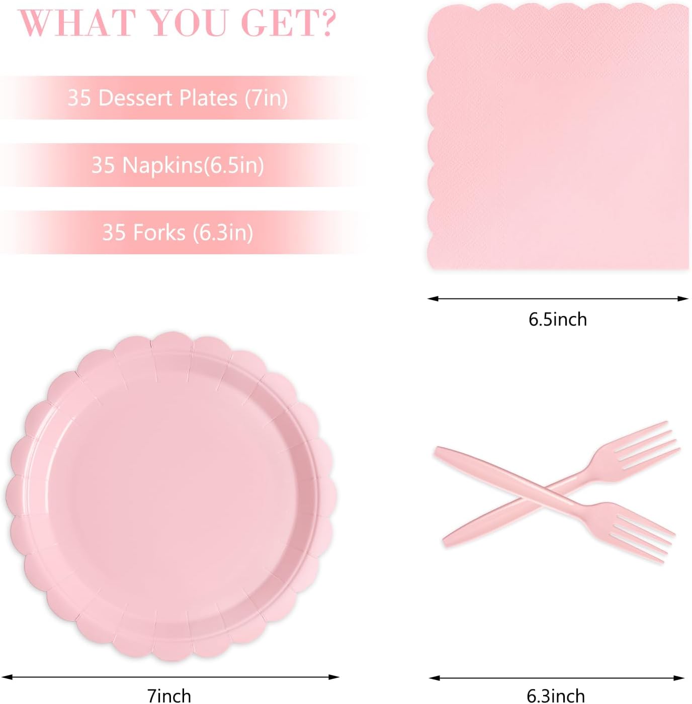 105PCS Paper Plates and Napkins Set,7 Inch Scalloped Disposable Tableware with Forks for Birthdays, Garden Parties & Outdoor Events,Serves 35 (Light Pink) - Image 2