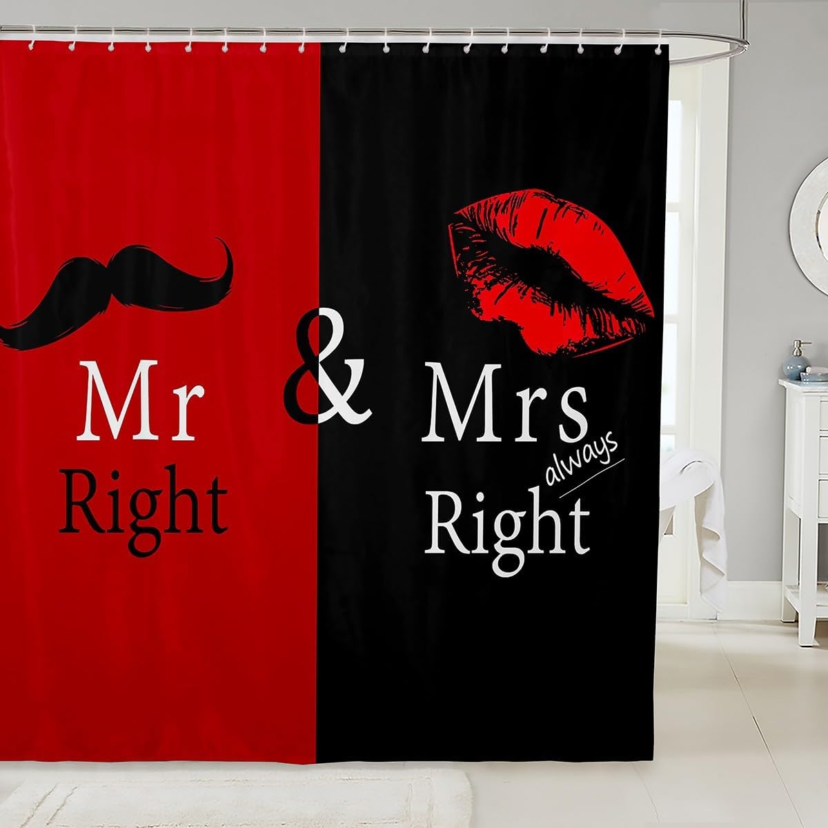 You and Me Shower Curtain with Hooks Funny Quotes Shower Curtain Mr Mrs Bath Curtain for Men Women Couple Lover Black Red Creative Valentine Day Gift Waterproof Cloth Fabric Bathroom Decor 72x78 Inch