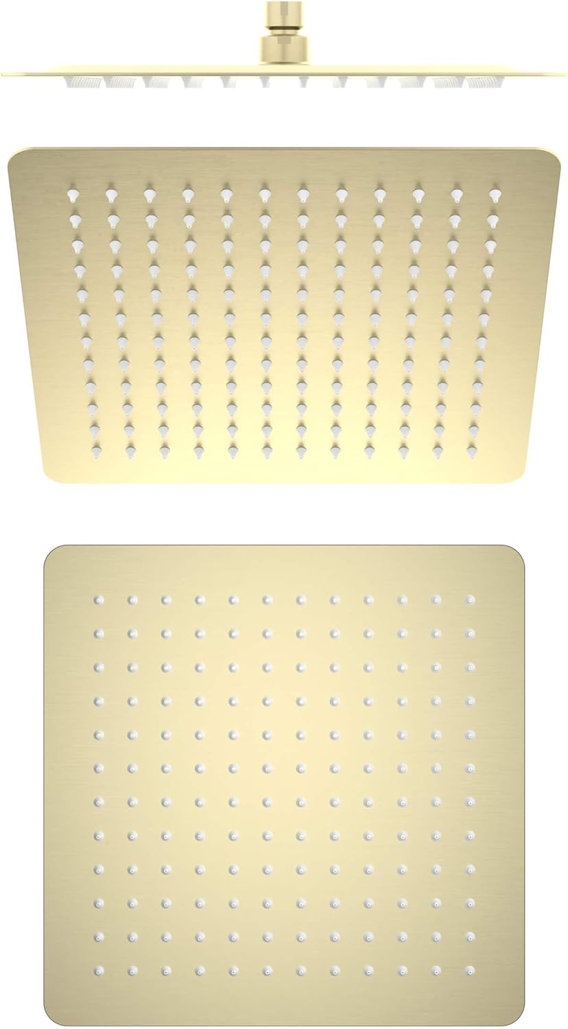 Kibi Cube 12″ Metal Ultra Thin Profile Rain Shower Head – Premium 1.75 GPM High-Efficiency Rainfall Showerhead, Sleek Metal Construction, Universal Fit for Standard Shower Arms, Brushed Gold